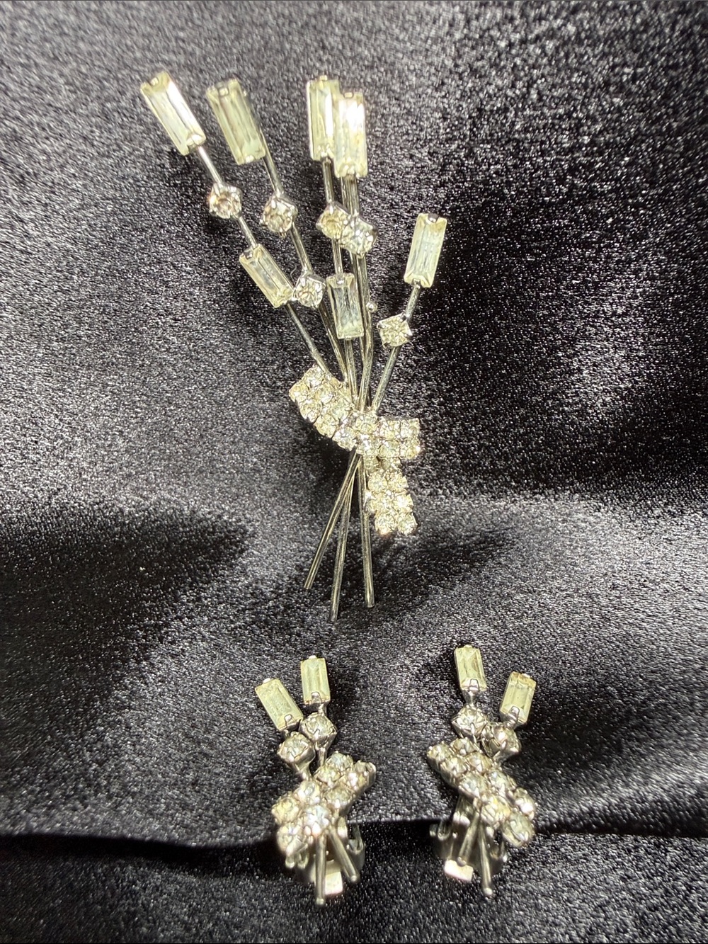 Vintage SilverTone  Crystal Bouquet Brooch and Earring Set -